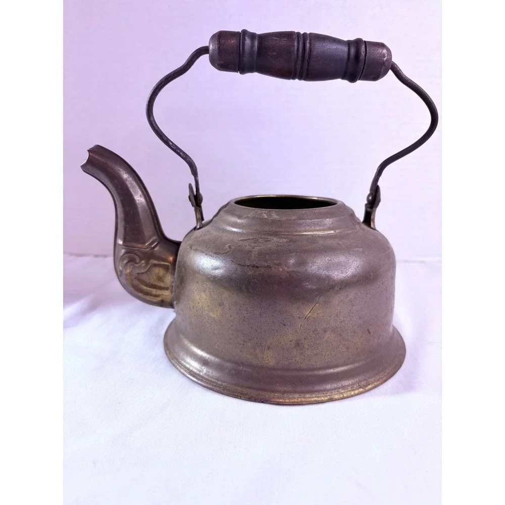Antique‎ Brass Tea Kettle Vintage Gooseneck Teapot Wood Handle Primitive Decor